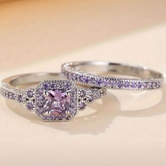 2 piece wedding set Purple and Silver Vintage-Inspired Ring Set inclusive sizes - Picture 1 of 3